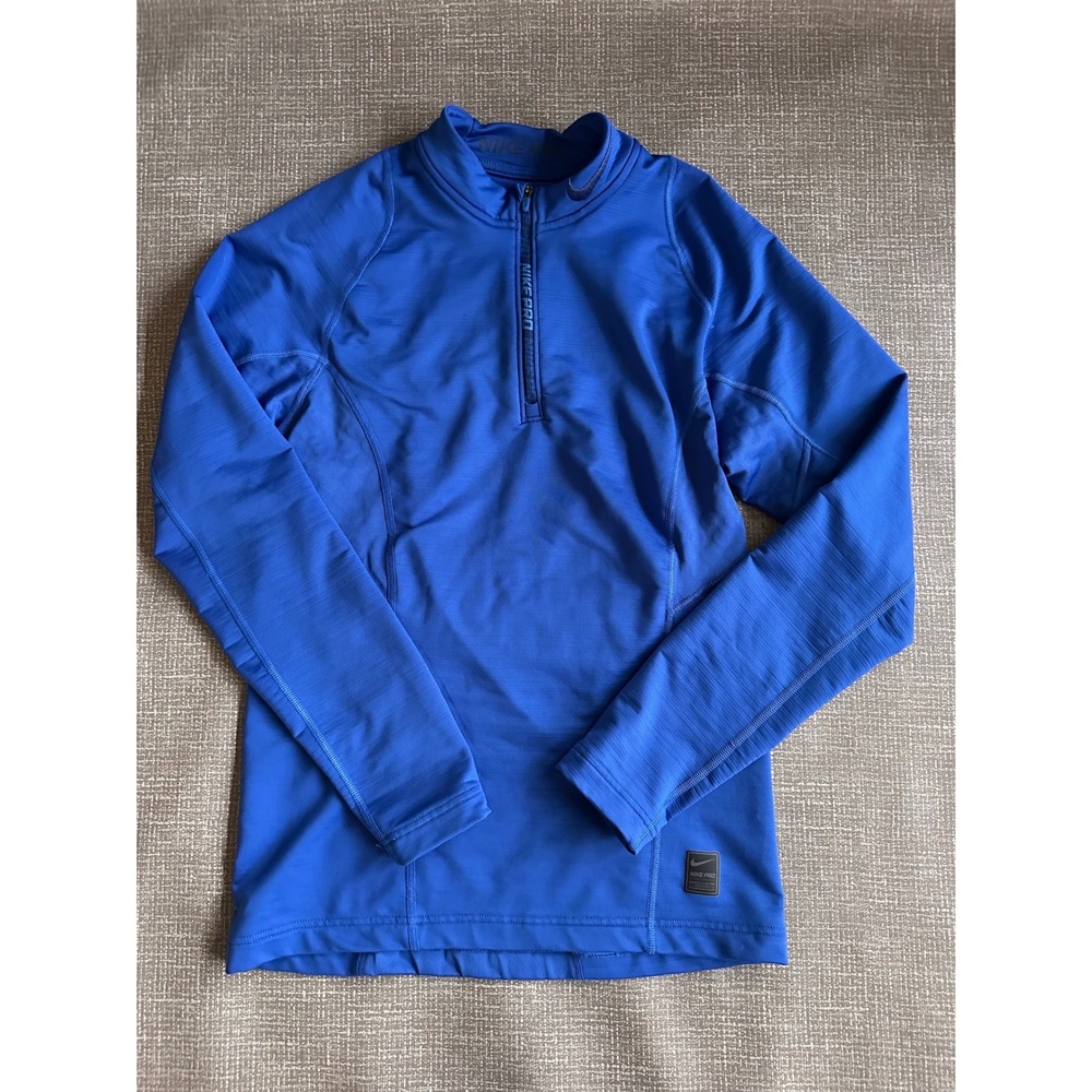 Nike Pro Combat Hyperwarm Mens Quarter Zip Blue Long Sleeve Pullover Thumbholes
